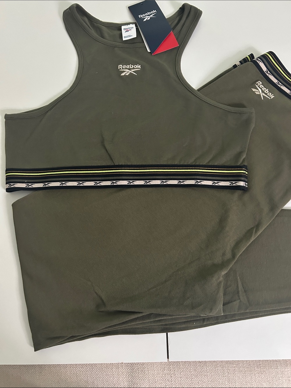 Reebok Olive Green Racerback Crop Tank with Striped Logo Band. New